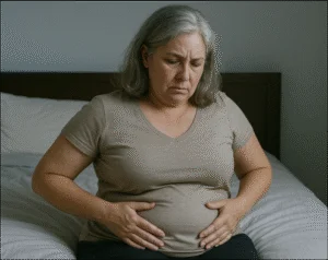 Mulher com desconforto abdominal